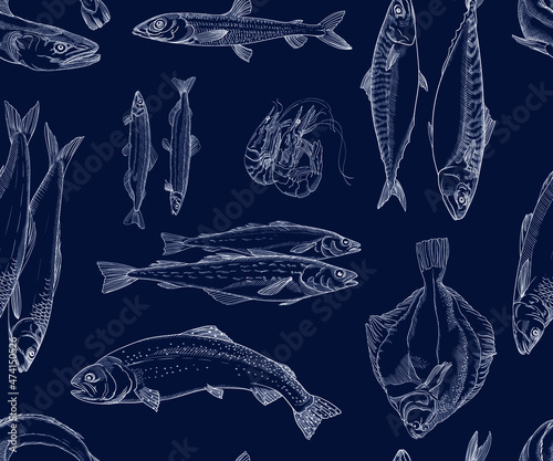 Vector graphics, drawings by hand. Fish.Capelin, herring,
 shrimp, flounder, pollock, trout, mackerel, hake, argentina. Seamless pattern.