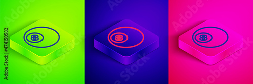 Isometric line Billiard pool snooker ball with number 8 icon isolated on green, blue and pink background. Square button. Vector