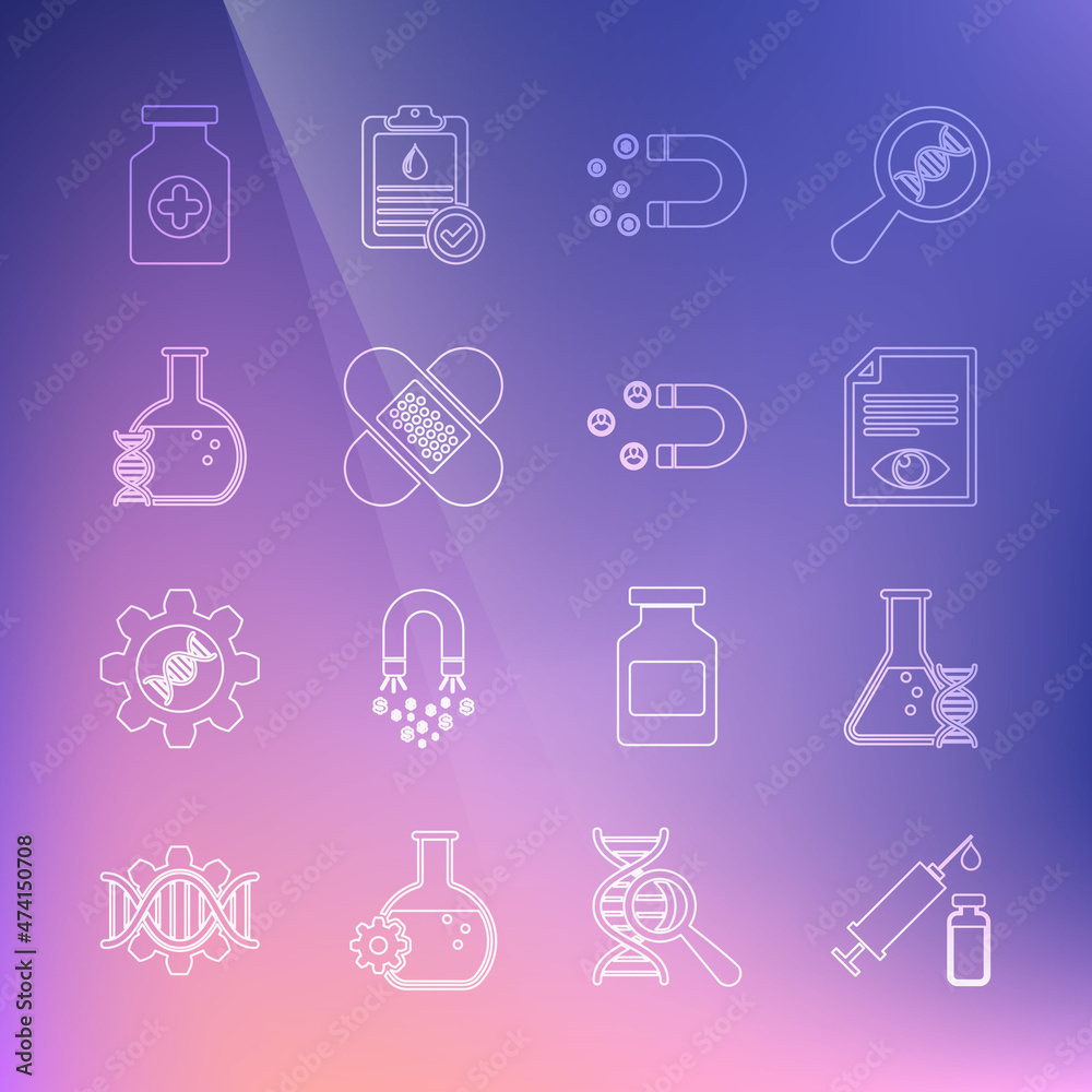 Set line Medical syringe and vial, DNA research, search, Paper page with eye, Magnet money, Crossed bandage plaster, Medicine bottle and Customer attracting icon. Vector Set line Medical syringe and vial, DNA research, search, Paper page with eye, Magnet money, Crossed bandage plaster, Medicine bottle and Customer attracting icon. Vector