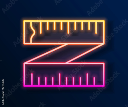 Glowing neon line Tape measure icon isolated on black background. Measuring tape. Vector