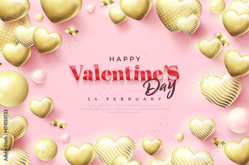Valentine's day with realistic gold balloons illustration