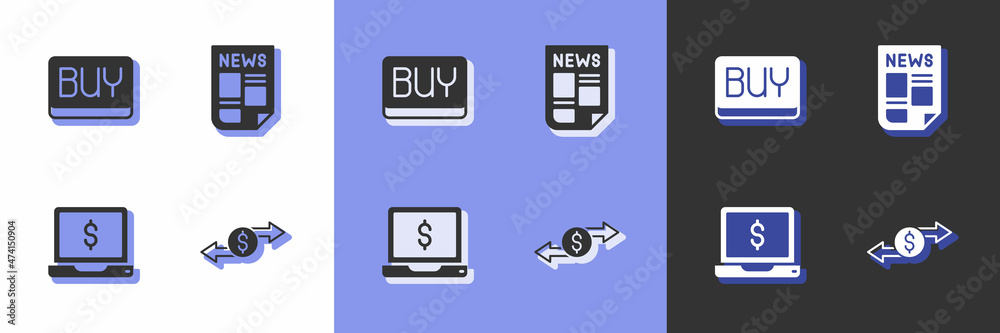 Set Money exchange, Buy button, Laptop with dollar and News icon. Vector Set Money exchange, Buy button, Laptop with dollar and News icon. Vector