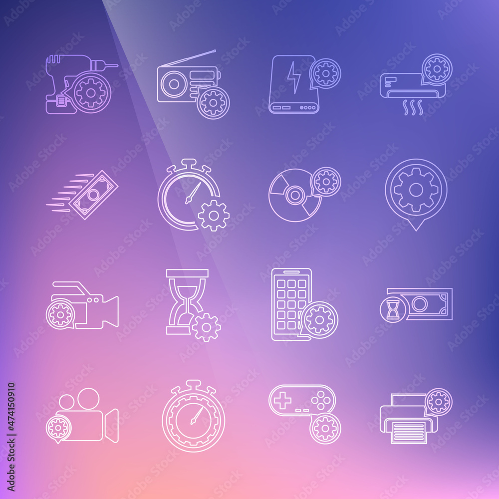 Set line Printer setting, Fast payments, Setting, Power bank, Time management, Drill machine and CD or DVD disk icon. Vector Set line Printer setting, Fast payments, Setting, Power bank, Time management, Drill machine and CD or DVD disk icon. Vector