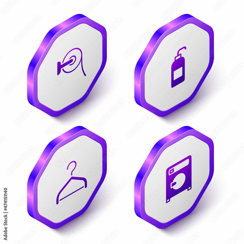 Set Isometric Toilet paper roll, Antibacterial soap, Hanger wardrobe and Washer icon. Purple hexagon button. Vector Set Isometric Toilet paper roll, Antibacterial soap, Hanger wardrobe and Washer icon. Purple hexagon button. Vector