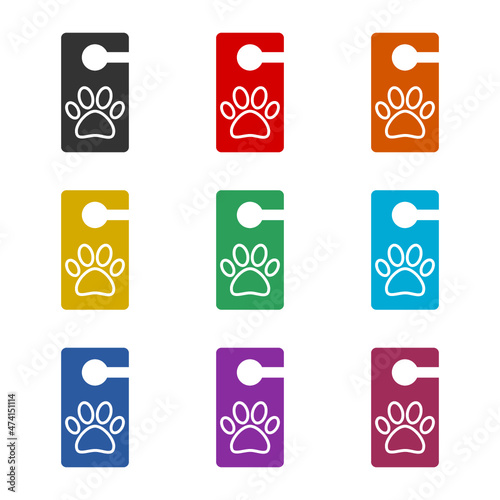 Pet hotel door tag icon isolated on white background, color set