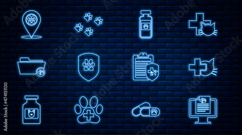 Set line Clinical record pet on monitor, Veterinary clinic, Pets vial medical, Animal health insurance, Medical veterinary folder, Location, and Paw print icon. Vector