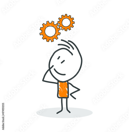 Stick figures. Business, Gear Wheel. Isolated on white background. Hand drawn doodle line art cartoon design character. 