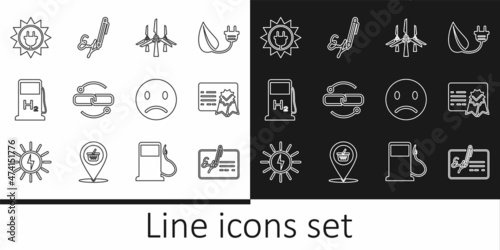 Set line Signed document, Certificate template, Wind turbines, Chain link line, Hydrogen filling station, Solar energy panel, Sad smile and Signature icon. Vector