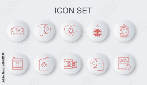 Set line Oil barrel, Eco friendly heart, Toilet paper roll, car drive with leaf, fuel canister and Radioactive waste in icon. Vector