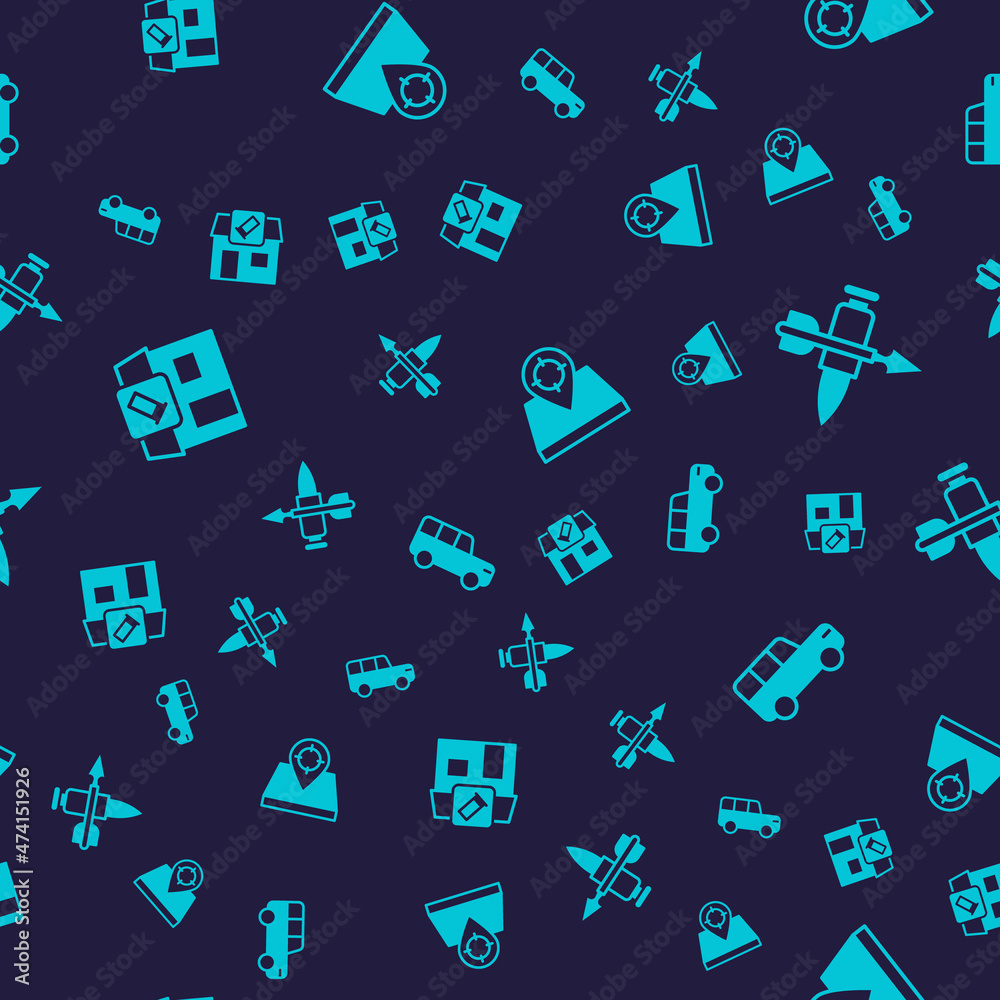 Set Hunting shop, Crossed bullet with arrow, place and Safari car on seamless pattern. Vector Set Hunting shop, Crossed bullet with arrow, place and Safari car on seamless pattern. Vector
