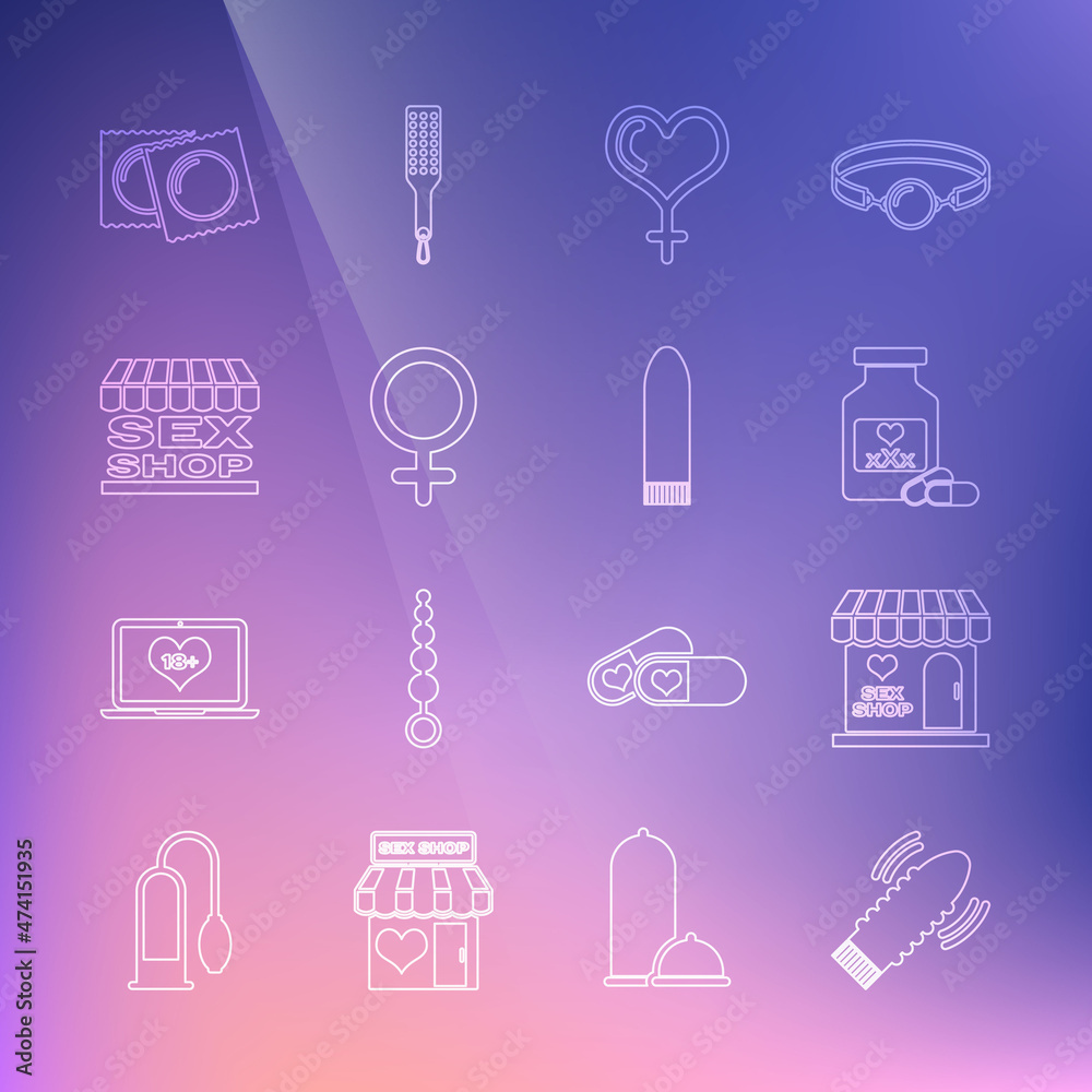 Set line Dildo vibrator for sex games, Sex shop building, Bottle with pills potency, Female gender and heart, symbol, Condoms package and icon. Vector