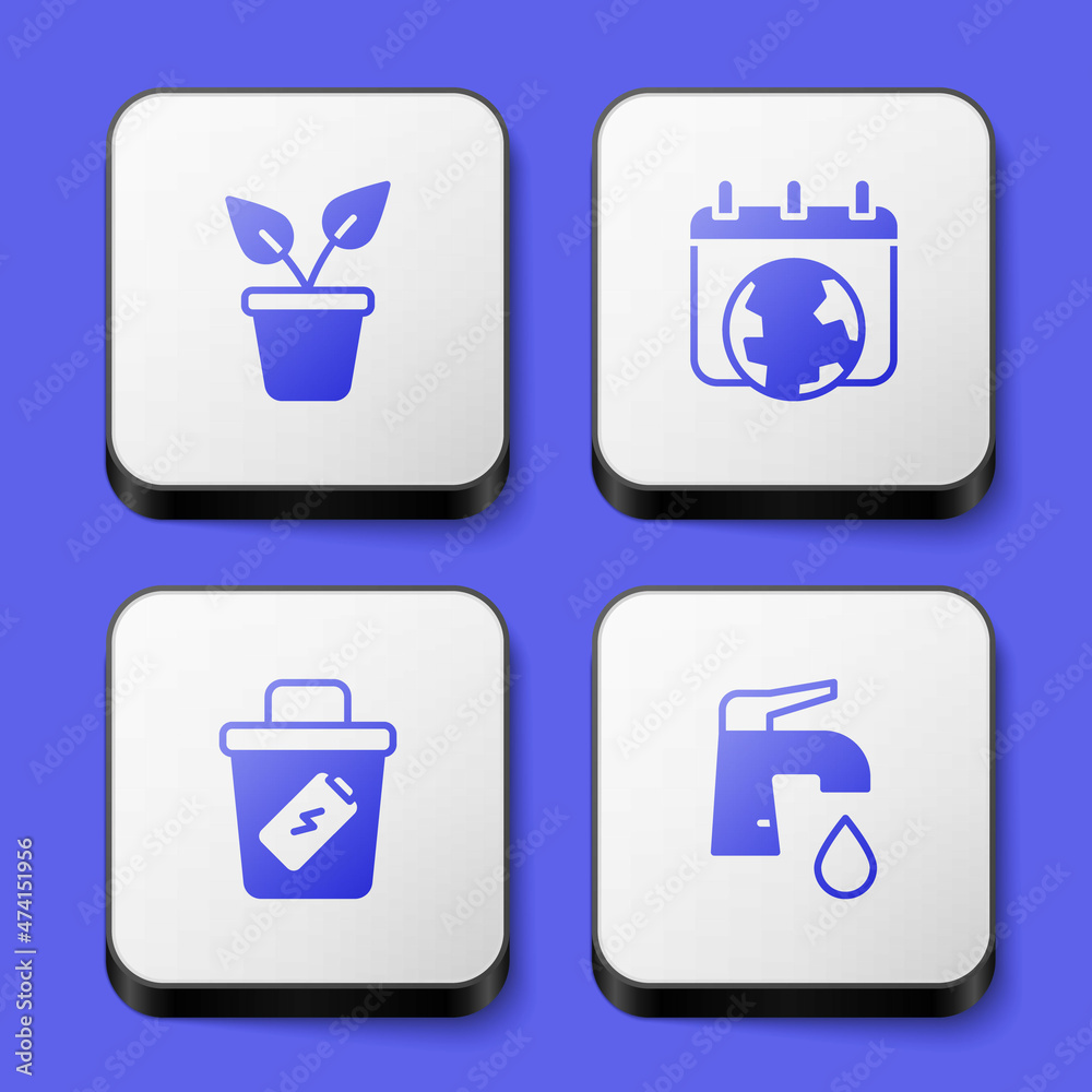 Set Plant in pot, World Earth day, Trash can and Water tap icon. White square button. Vector Set Plant in pot, World Earth day, Trash can and Water tap icon. White square button. Vector
