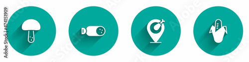 Set Mushroom, Salami sausage, Chicken leg and Corn icon with long shadow. Vector