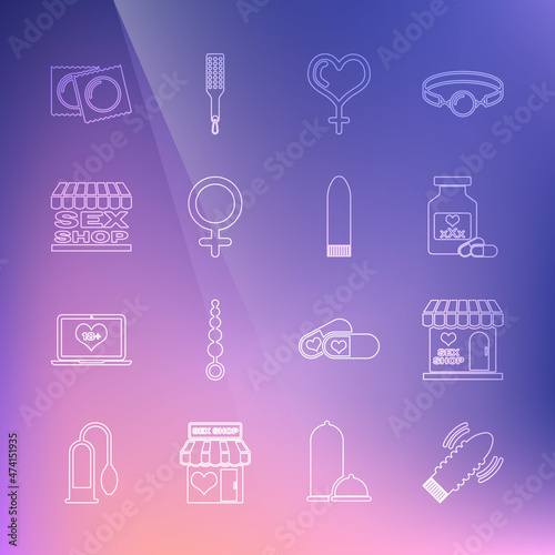 Set line Dildo vibrator for sex games, Sex shop building, Bottle with pills potency, Female gender and heart, symbol, Condoms package and icon. Vector