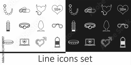 Set line Condom safe sex, Handcuffs, Devil heart with horns, Silicone ball gag, Dildo vibrator, Anal beads, plug and Pills for potency icon. Vector