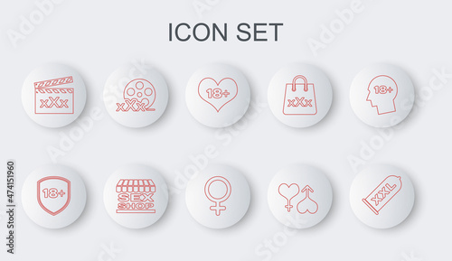 Set line Condom safe sex, Shield with 18 plus, content heart, Male and female, Movie clapper Sex, Film reel, shop building and Female gender symbol icon. Vector