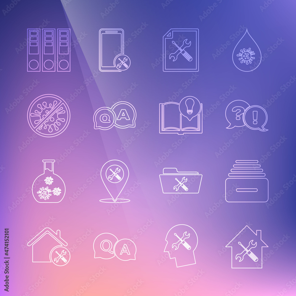 Set line House service, Drawer with documents, Question and Exclamation, File, Answer, Stop virus, bacteria, Office folders and Interesting facts icon. Vector Set line House service, Drawer with documents, Question and Exclamation, File, Answer, Stop virus, bacteria, Office folders and Interesting facts icon. Vector