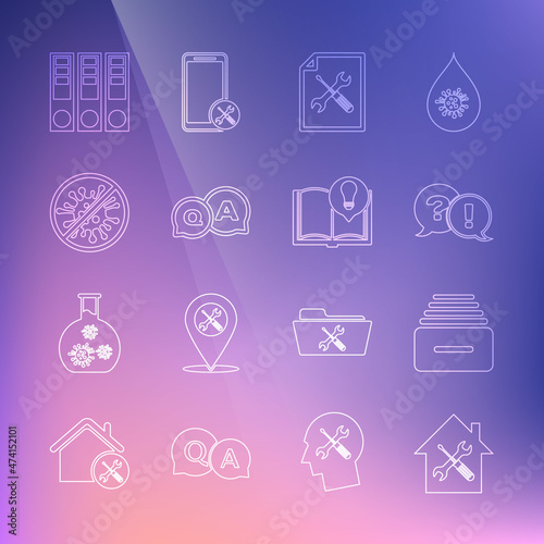 Set line House service, Drawer with documents, Question and Exclamation, File, Answer, Stop virus, bacteria, Office folders and Interesting facts icon. Vector