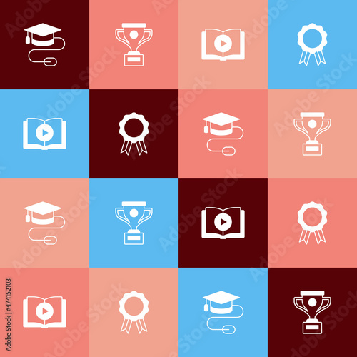Set pop art Graduation cap with mouse, Award cup, Audio book and Online education diploma icon. Vector