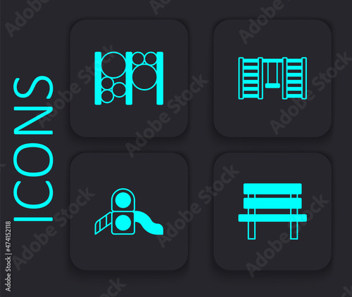 Set Bench, Playground climbing equipment, Swedish wall and Slide playground icon. Black square button. Vector