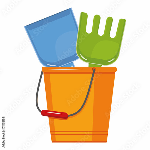 Bucket, shovel and rake for sandbox, isolated vector illustration