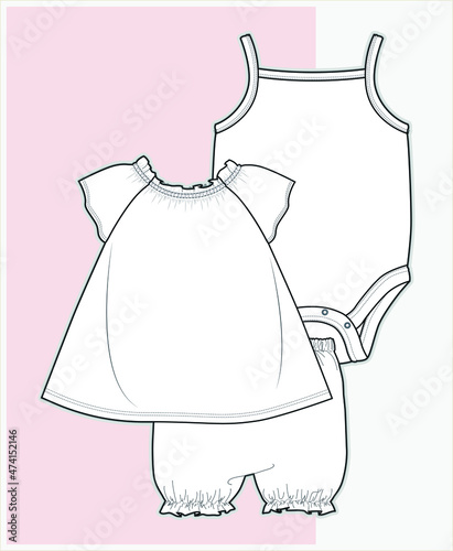 Set of isolated fashion flats for baby girls, Kids fashion vector Flat Sketch of baby clothes