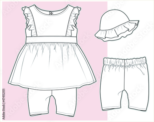 Set of isolated fashion flats for baby girls, Kids fashion vector Flat Sketch of baby clothes