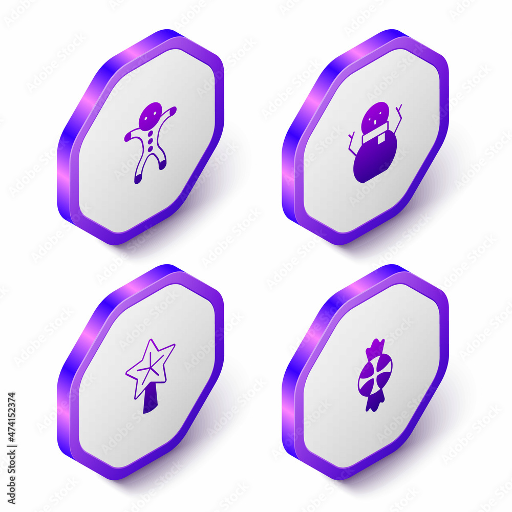 Set Isometric Holiday gingerbread man cookie, Christmas snowman, star and Candy icon. Purple hexagon button. Vector Set Isometric Holiday gingerbread man cookie, Christmas snowman, star and Candy icon. Purple hexagon button. Vector