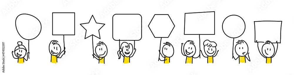Stick figures. Blank banner set. Vector illustration of people holding blank. It can be used for presentations, for explanation, as a mascot, for communication, to express emotions. Stick figures. Blank banner set. Vector illustration of people holding blank. It can be used for presentations, for explanation, as a mascot, for communication, to express emotions.
