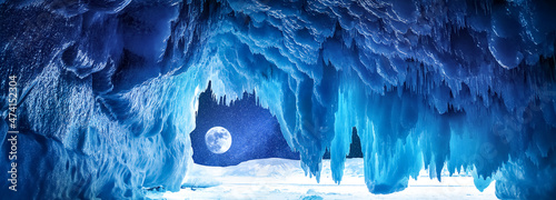Fotografie, Obraz Ice cave. Winter lunar landscape. Lake Baikal. Banner format.