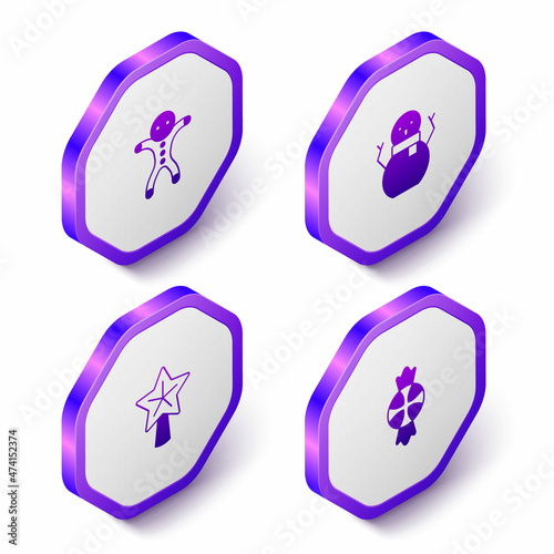 Set Isometric Holiday gingerbread man cookie, Christmas snowman, star and Candy icon. Purple hexagon button. Vector