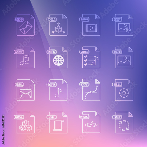 Set line GIF file document, DLL, JPG, MP4, HTML, WAV, MSG and M3U icon. Vector