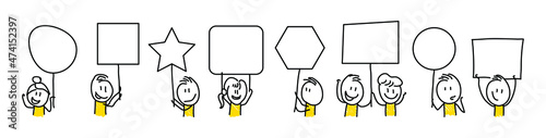 Stick figures. Blank banner set. Vector illustration of people holding blank. It can be used for presentations, for explanation, as a mascot, for communication, to express emotions.