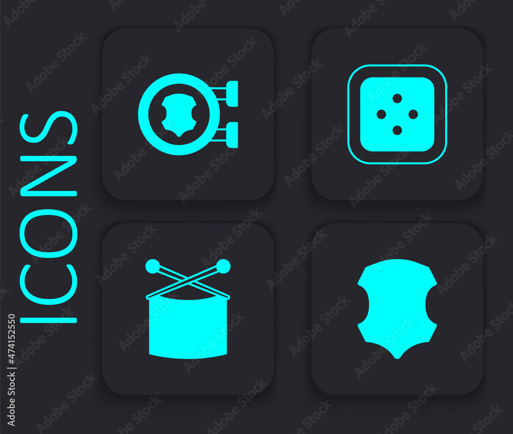 Set Leather, Sewing button for clothes and Knitting needles icon. Black square button. Vector Set Leather, Sewing button for clothes and Knitting needles icon. Black square button. Vector