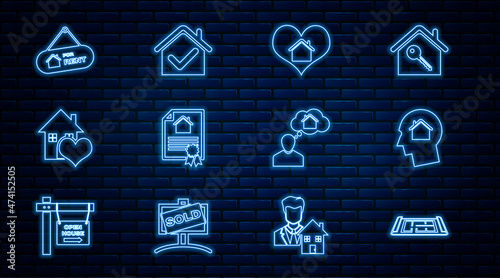 Set line House plan, Man dreaming about buying house, with heart shape, contract, Hanging sign For Rent, and check mark icon. Vector
