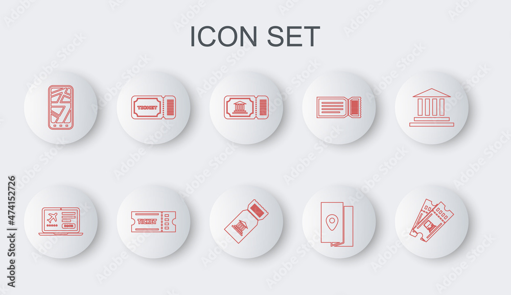 Set line Train ticket, Laptop with, Museum, Cover book travel guide, Infographic of city map, Ticket, and icon. Vector Set line Train ticket, Laptop with, Museum, Cover book travel guide, Infographic of city map, Ticket, and icon. Vector