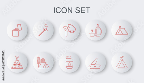 Set line Tourist tent, Slingshot, Swiss army knife, Lighter, Burning match with fire, and Canteen water bottle icon. Vector