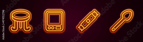 Set line Coffee table, Electronic coffee scales, Sugar stick packets and Teaspoon. Glowing neon icon. Vector