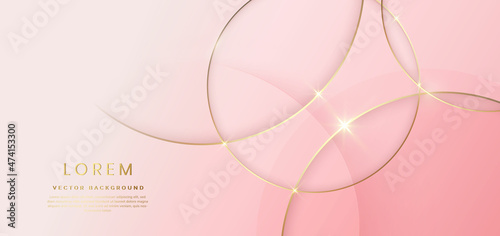 Abstract gold circles lines overlapping on rose gold background.