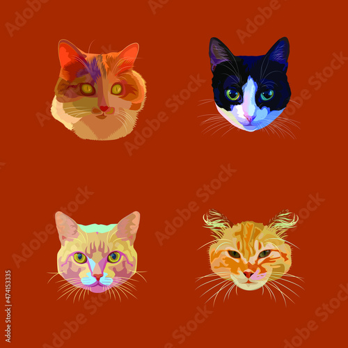 Fototapeta Naklejka Na Ścianę i Meble -  Vector collection of portraits of cats. Set of different breeds of domestic cats. For printing on fabric, paper and the like.