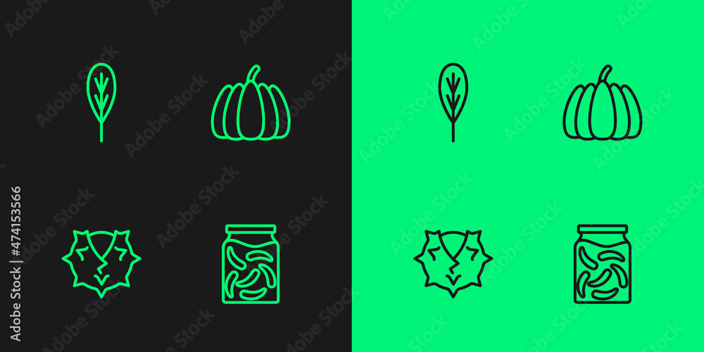 Fototapeta premium Set line Pickled cucumbers in a jar, Chestnut, Leaf and Pumpkin icon. Vector
