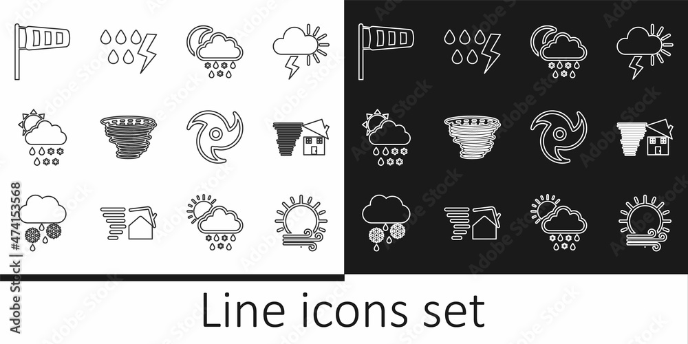 Set line Wind and sun, Tornado swirl, Cloud with snow, rain, moon, Cone meteorology windsock wind vane, and Storm icon. Vector