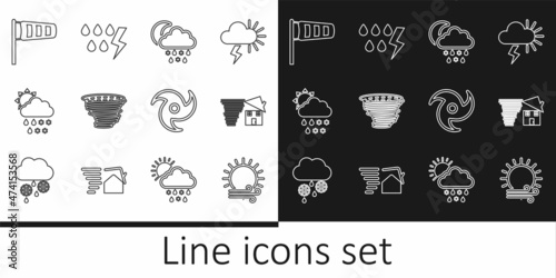 Set line Wind and sun, Tornado swirl, Cloud with snow, rain, moon, Cone meteorology windsock wind vane, and Storm icon. Vector