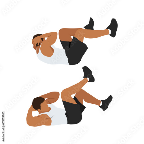 Man doing abdominal workout with Bicycle crunch. Illustration about exercise guide. Cross body crunches