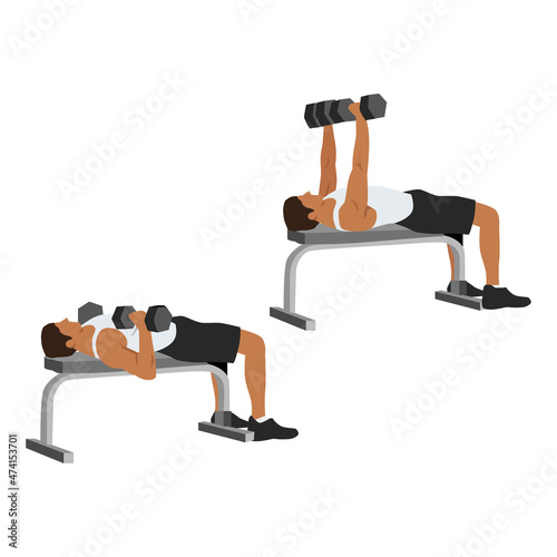 Man doing dumbbell flat bench press. Chest exercise flat vector illustration