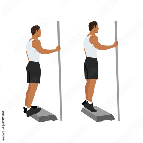 Exercises that can be done at-home. Stand on a step so heel can drop lower than the rest of foot at the bottom of the movement. with Calf raises posture.