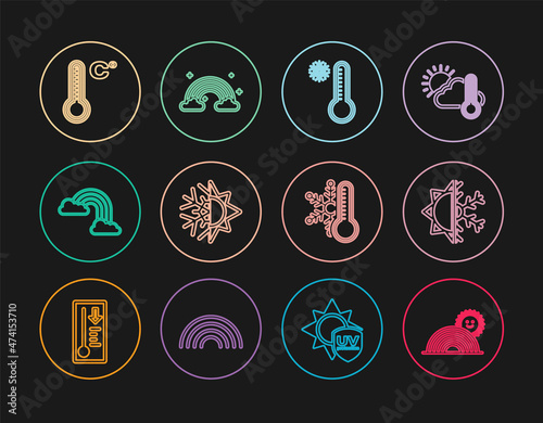 Set line Rainbow with sun, Sun and snowflake, Meteorology thermometer, clouds, Thermometer and icon. Vector