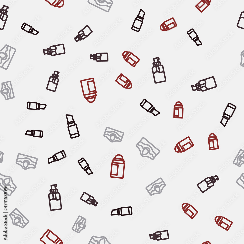 Set line Lipstick, Bottle of liquid soap, Acne and Deodorant roll on seamless pattern. Vector Set line Lipstick, Bottle of liquid soap, Acne and Deodorant roll on seamless pattern. Vector