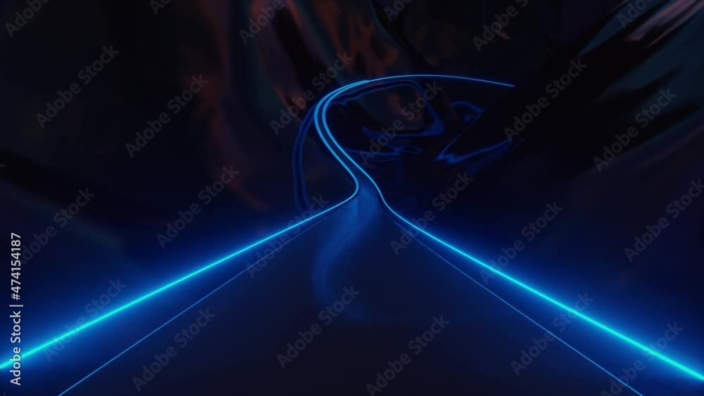 4K Moving through the abstract glossy ice mountains on a sunset background. Riding on Roller-Coaster with blue Neon Lights Extremely Fast Seamless. Looped 3d Animation of Abstract Roller Coaster