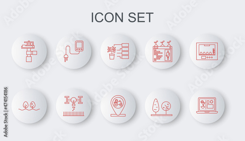 Set line Smart farming technology, Plant, Flower analysis, Trees, Automatic irrigation sprinklers, Sensor, with drone and Tractor and location icon. Vector